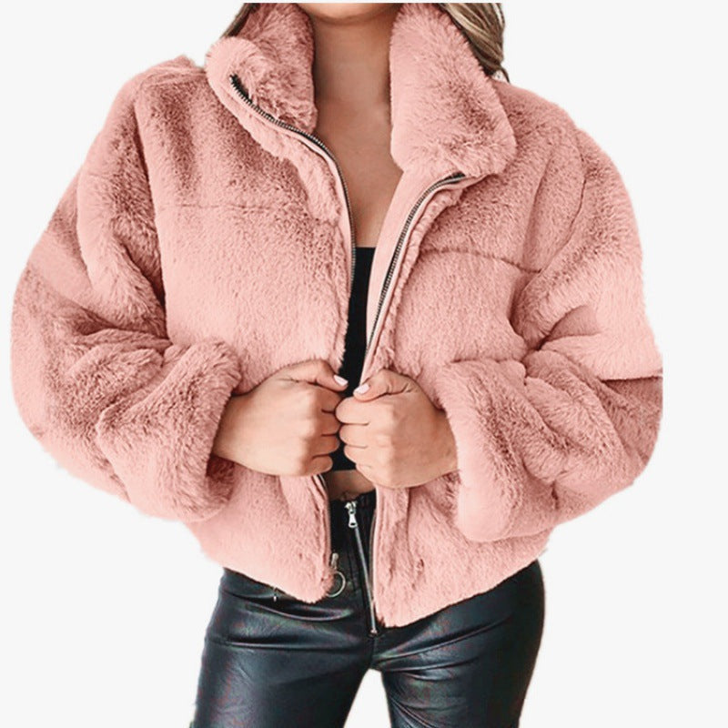 Damen Kurz geschnittene Kuschel-Fleece-Steppjacke mit Stehkragen und Reißverschluss Nord Taschen