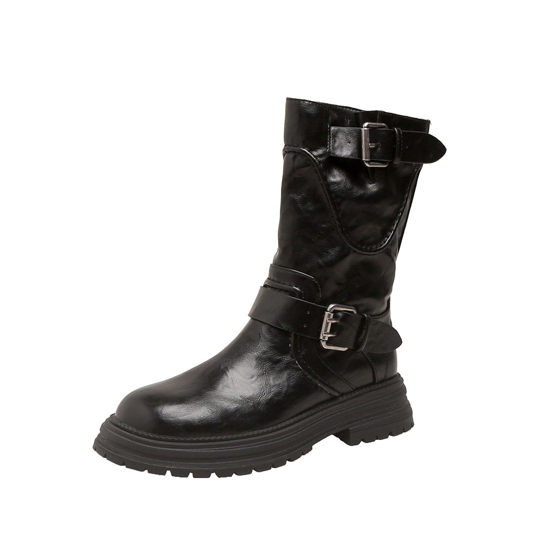 Damen Halbhohe Bikerstiefel aus Glattlederoptik mit verstellbaren Metallschnallen und profiliertem Lug‑Plateau Nord Taschen