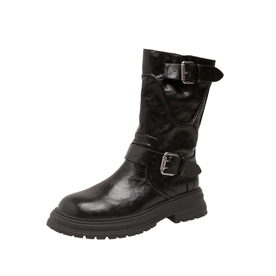 Damen Halbhohe Bikerstiefel aus Glattlederoptik mit verstellbaren Metallschnallen und profiliertem Lug‑Plateau Nord Taschen