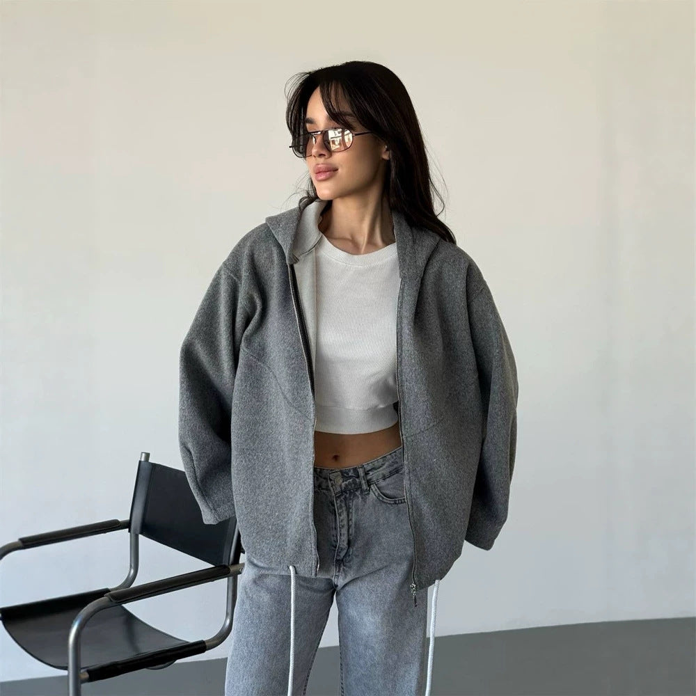 Damen Oversize Kapuzenjacke mit Reißverschluss und Tunnelzugsaum Nord Taschen