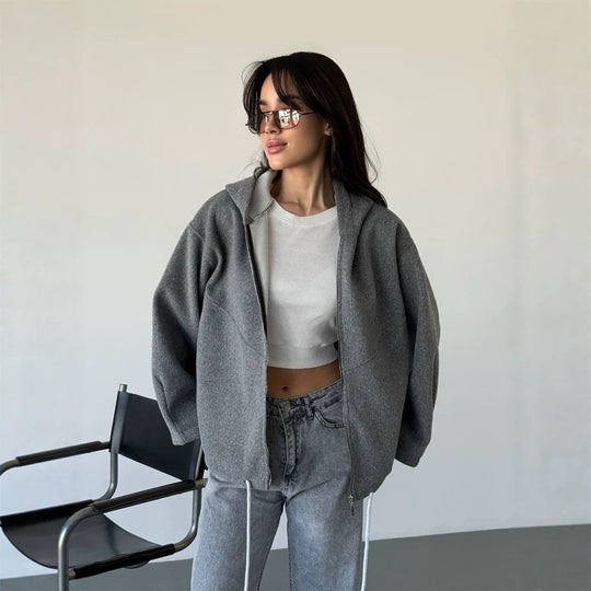 Damen Oversize Kapuzenjacke mit Reißverschluss und Tunnelzugsaum Nord Taschen