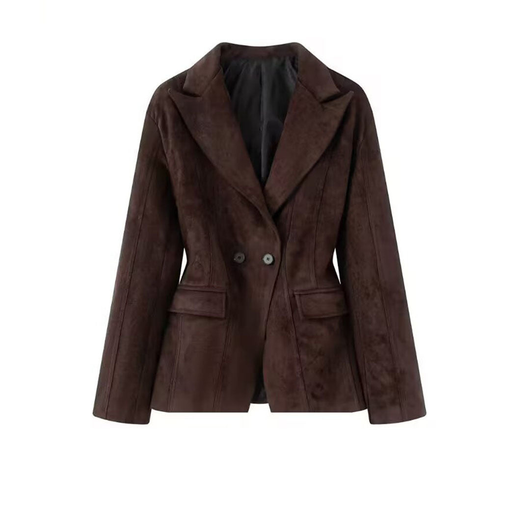 Damen Taillierter Veloursleder-Blazer mit Reverskragen und Pattentaschen Nord Taschen