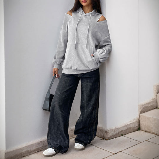 Damen Lässiger Kapuzenpullover mit Schulteröffnungen, Kängurutasche und gerippten Bündchen Nord Taschen