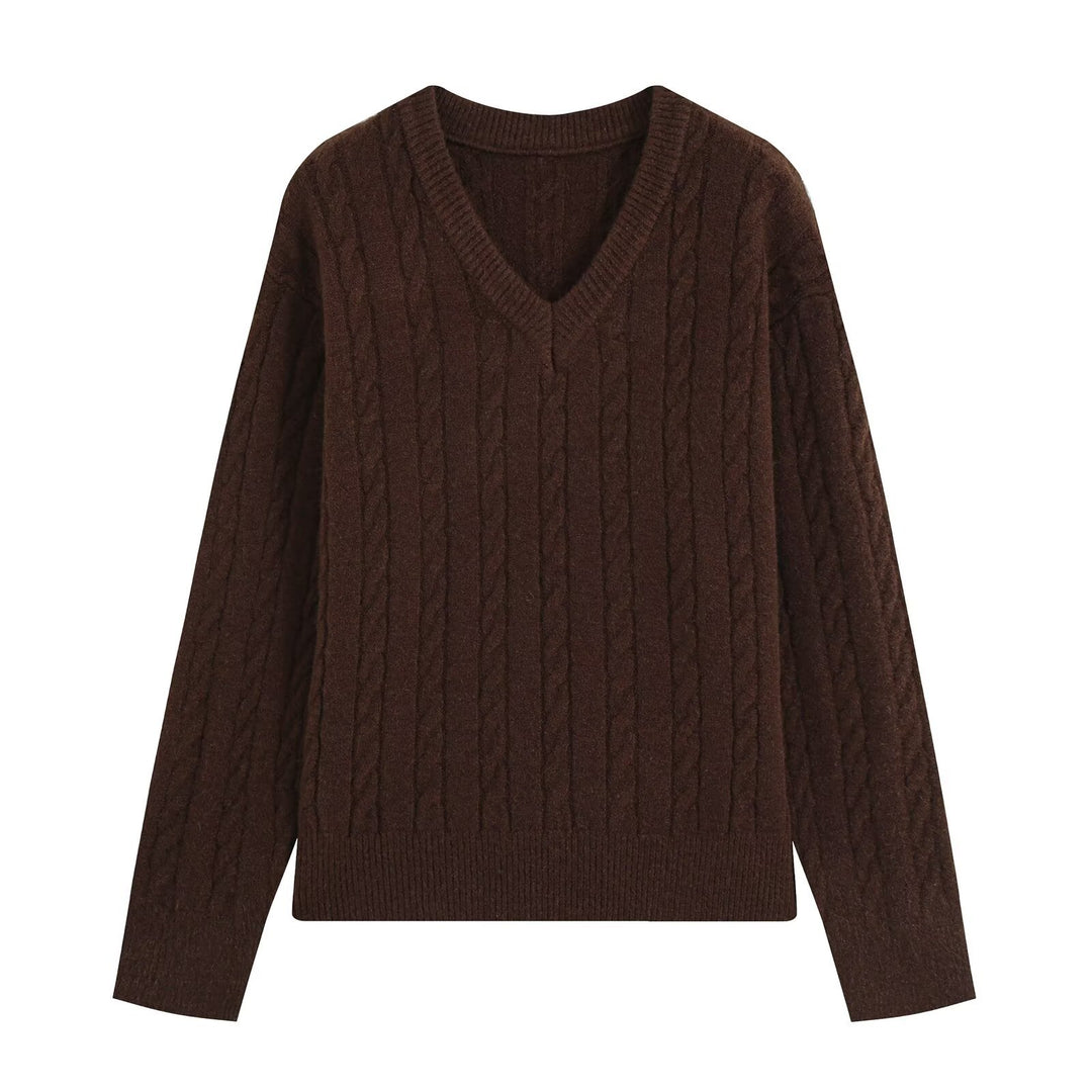 Damen Oversize Zopfmuster-Pullover mit V-Ausschnitt und breitem Rippbündchen Nord Taschen