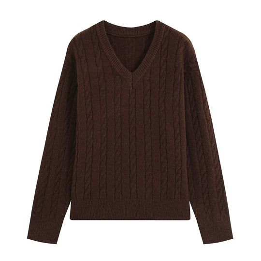 Damen Oversize Zopfmuster-Pullover mit V-Ausschnitt und breitem Rippbündchen Nord Taschen