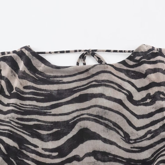 Damen Semi-transparente Mesh-Tunika-Minikleid mit A-Linie, Trompetenärmeln und Rückenschnürung Nord Taschen