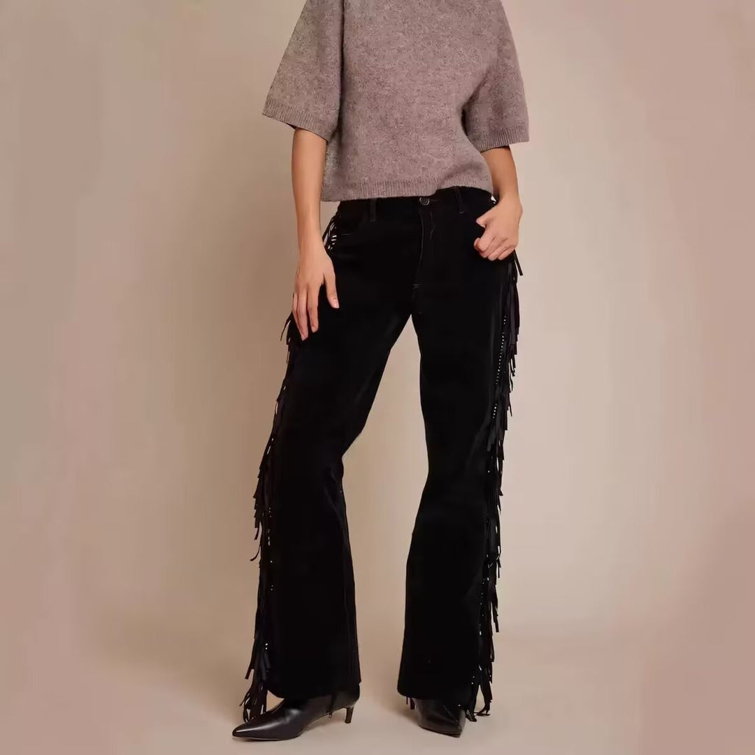 Damen Weite Culotte-Hose mit Fransenbesatz und Veloursoptik Nord Taschen