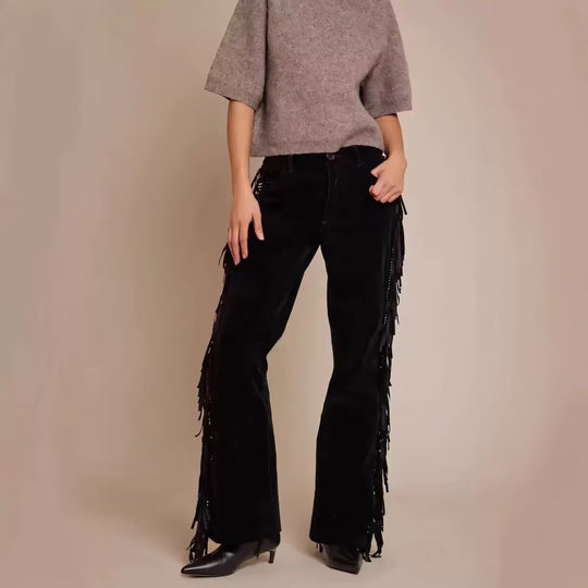 Damen Weite Culotte-Hose mit Fransenbesatz und Veloursoptik Nord Taschen