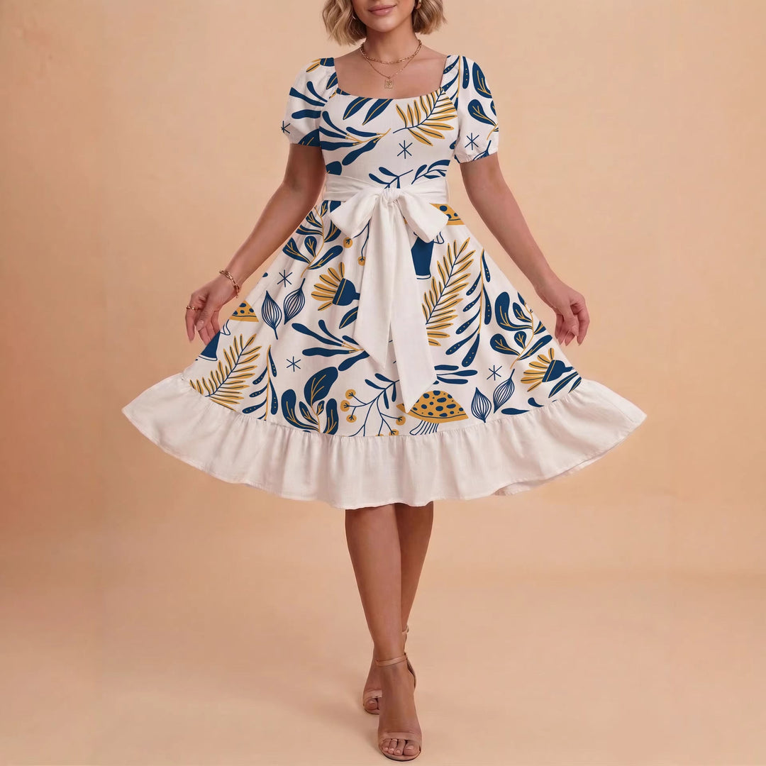 Damen Sommerliches Blumenkleid mit taillierbarem Gürtel und voluminösen Ärmeln