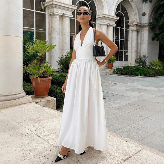 Damen Elegantes Maxikleid mit tiefem V-Ausschnitt und fließendem Schnitt