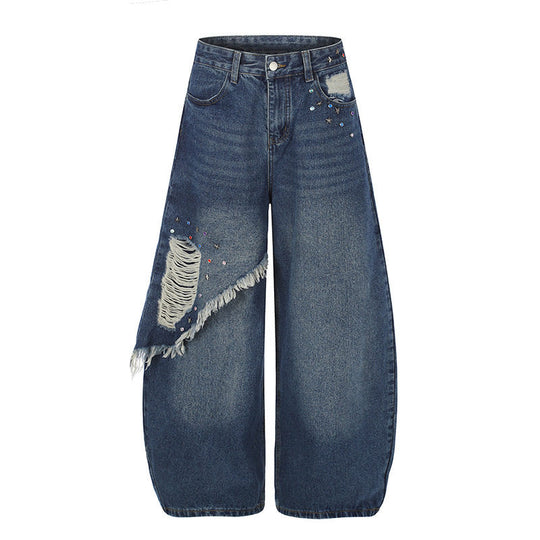 Damen High‑Waist weite Palazzo-Jeans mit asymmetrischem Fransen-Detail und Strassapplikation Nord Taschen