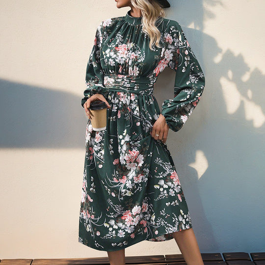 Damen Midikleid mit floralem Alloverprint, Stehkragen und Drapiertem Taillengürtel Nord Taschen