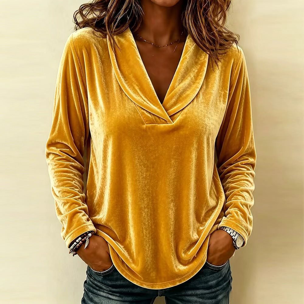 Damen Velours-Longsleeve mit tiefem Schalkragen und gerundetem Saum Nord Taschen