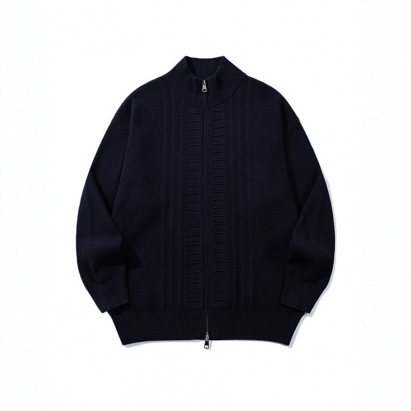 Herren Grobgestrickter Zip-Cardigan mit hohem Kragen und Doppelreißverschluss Nord Taschen
