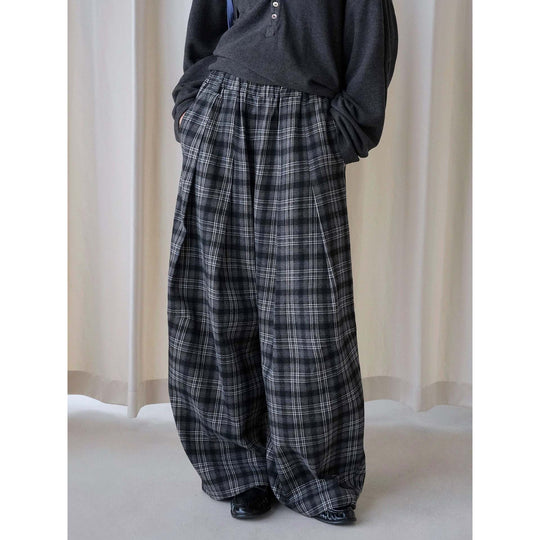 Damen Weite karierte Palazzo-Hose mit Bundfalten und elastischem Bund Nord Taschen