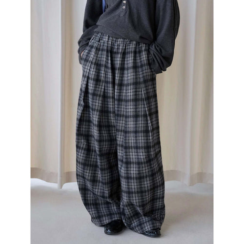 Damen Weite karierte Palazzo-Hose mit Bundfalten und elastischem Bund Nord Taschen