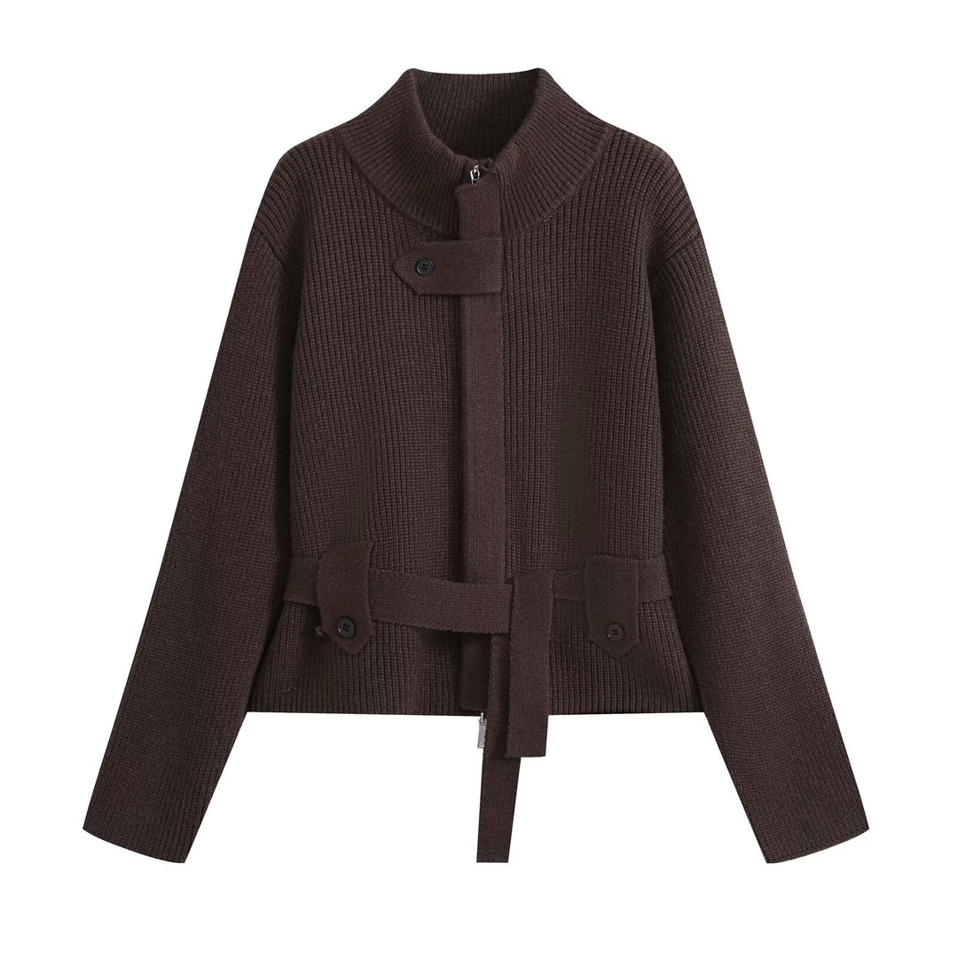Damen Kurzgestrickte Taillierte Strickjacke mit Stehkragen und Taillengurt Nord Taschen