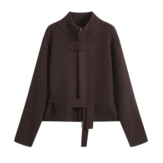 Damen Kurzgestrickte Taillierte Strickjacke mit Stehkragen und Taillengurt Nord Taschen