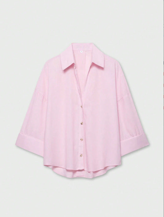 Damen Leichte Oversize Leinenoptik Bluse mit Dreiviertelärmeln und durchgehender Knopfleiste Nord Taschen
