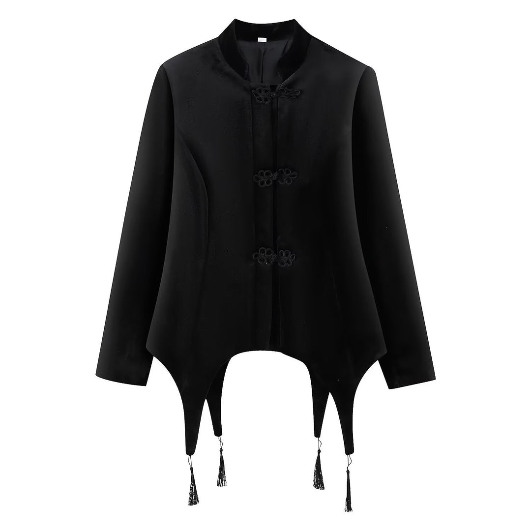 Damen Asymmetrische Kurzjacke mit Stehkragen, Kordelverschlüssen und Quasten-Saum Nord Taschen
