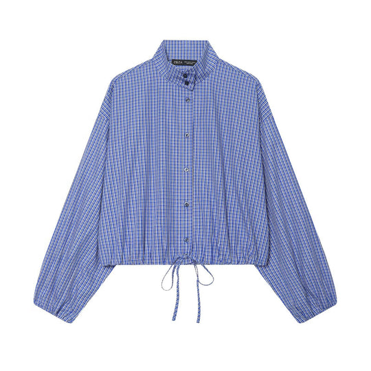 Damen Kariertes Cropped-Hemd mit Stehkragen, Kordelzugsaum und Ballonärmeln Nord Taschen