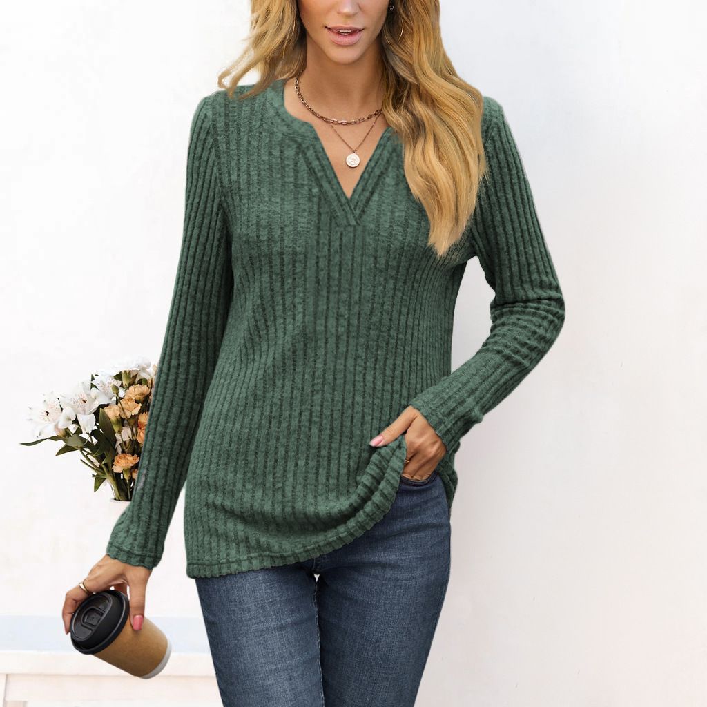 Damen Feines Ripp-Strickshirt mit tiefem V‑Ausschnitt und Tunika‑Länge Nord Taschen