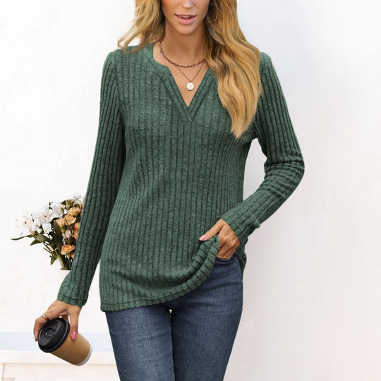 Damen Feines Ripp-Strickshirt mit tiefem V‑Ausschnitt und Tunika‑Länge Nord Taschen