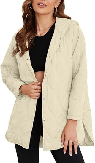 Damen gesteppte Kapuzenjacke mit Druckknopfleiste, seitlichen Schlitzen und mittlerer Länge Nord Taschen