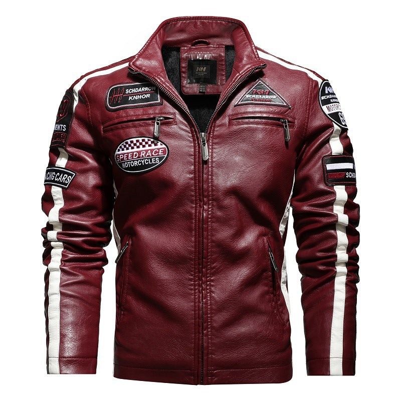 Herren Racing-Style Kunstlederjacke mit Aufnähern, Kontraststreifen und Stehkragen Nord Taschen