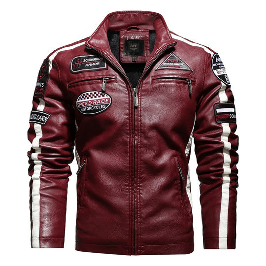 Herren Racing-Style Kunstlederjacke mit Aufnähern, Kontraststreifen und Stehkragen Nord Taschen