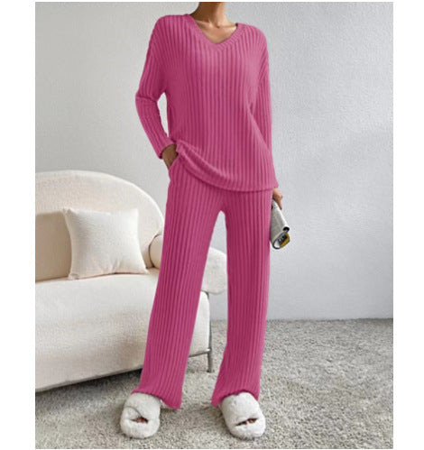 Damen Gemütliches Rippstrick-Loungewear-Set mit V-Ausschnitt und weitem Bein Nord Taschen