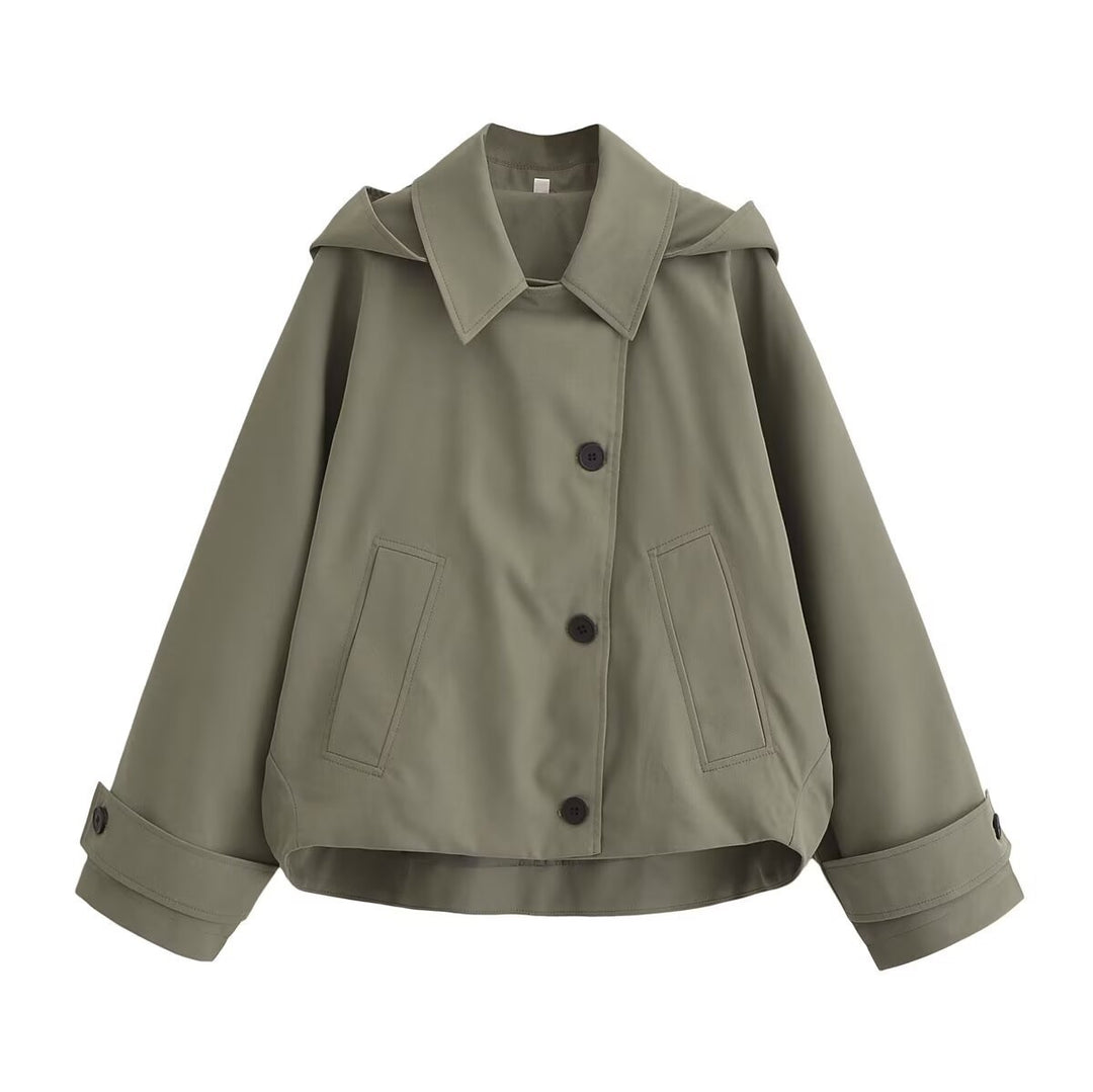 Damen Kurze Oversize-Trenchjacke mit Umlegekragen und Schulterklappen Nord Taschen