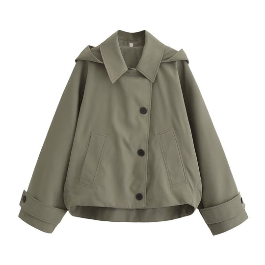 Damen Kurze Oversize-Trenchjacke mit Umlegekragen und Schulterklappen Nord Taschen