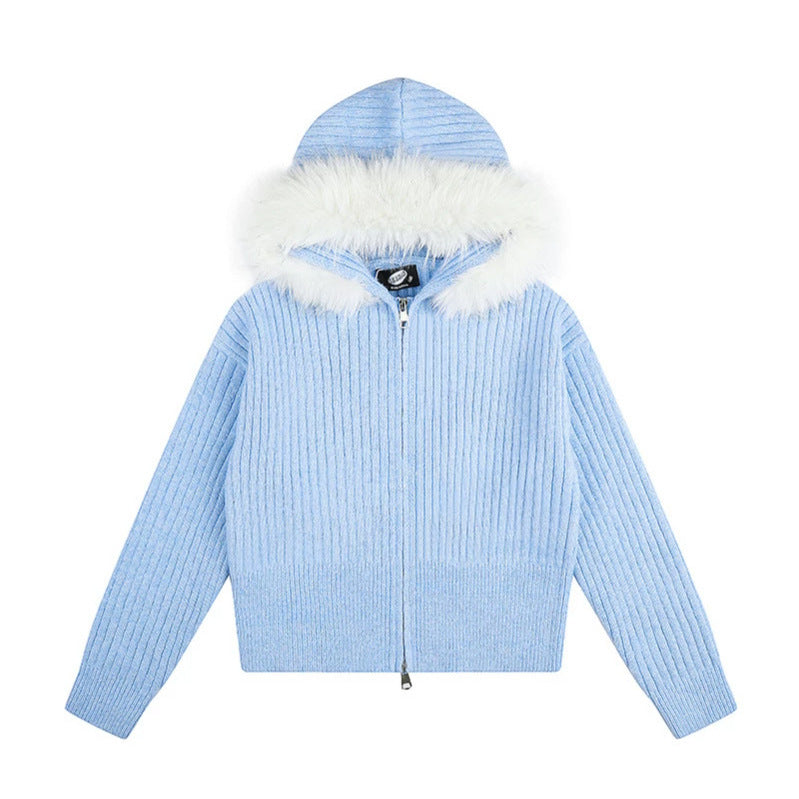 Damen Hochwertige Rippenstrick-Kapuzenjacke mit Zwei-Wege‑Reißverschluss und abnehmbarem Kunstfellkragen Nord Taschen