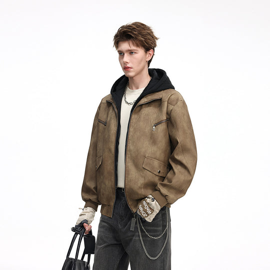 Herren Oversize-Blouson aus Kunstleder mit abnehmbarem Kapuzen‑Einsatz, Stehkragen und Utility‑Taschen Nord Taschen