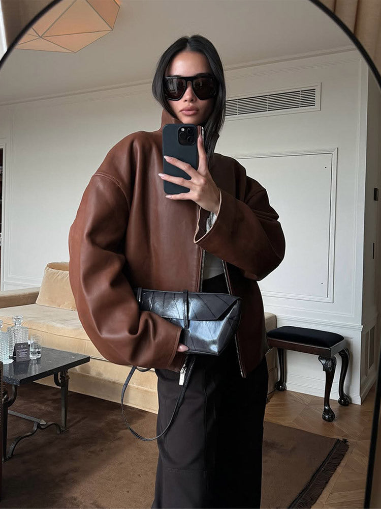 Damen Oversized Lederblouson mit soften Teddy-Innenfutter und Verdeckt-Reißverschluss Nord Taschen