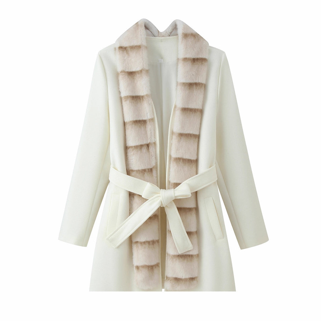 Damen Taillierter Wollmix-Mantel mit Bindegürtel und abnehmbarem Faux-Fur-Schalkragen Nord Taschen