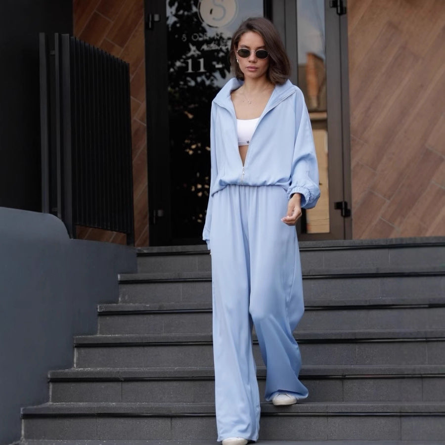 Damen lässiges Zweiteiler Set aus fließender Satinoptik mit weitem Bund und Crop-Top Nord Taschen