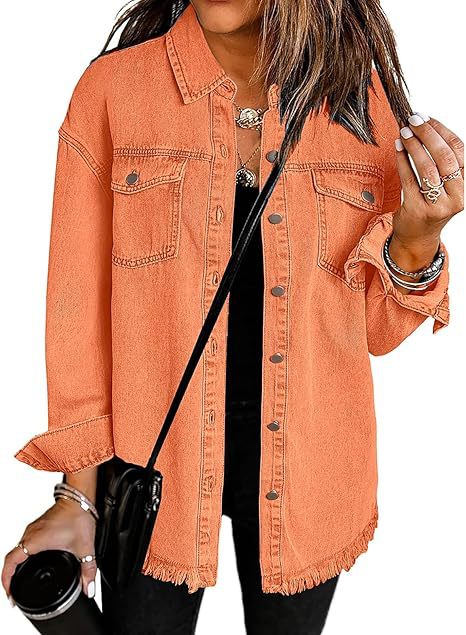 Damen Oversize Jeanshemdjacke mit Fransensaum Nord Taschen