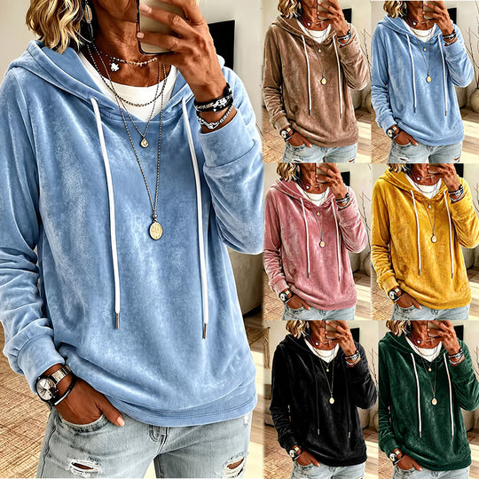Damen Samt-Kapuzenpullover mit Relaxed-Fit und Kordelzug Nord Taschen