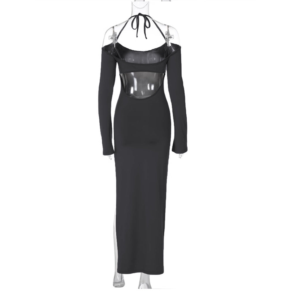 Damen langes Abendkleid mit Neckholder und schulterfreiem Bell-Ärmel, figurbetonter Taillenraffung und hohem seitlichem Beinschlitz Nord Taschen