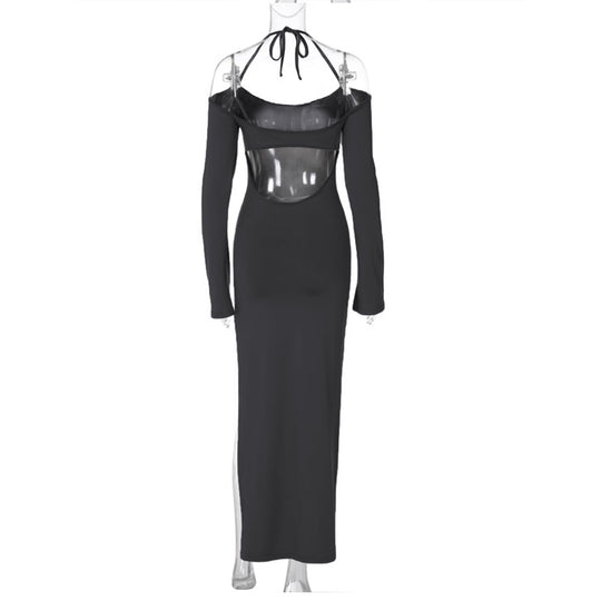 Damen langes Abendkleid mit Neckholder und schulterfreiem Bell-Ärmel, figurbetonter Taillenraffung und hohem seitlichem Beinschlitz Nord Taschen