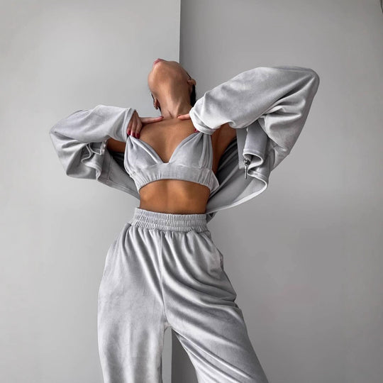 Damen kurzes Samt-Cropped-Zipshirt mit weitem High‑Waist Palazzo‑Hose Zweiteiler Nord Taschen