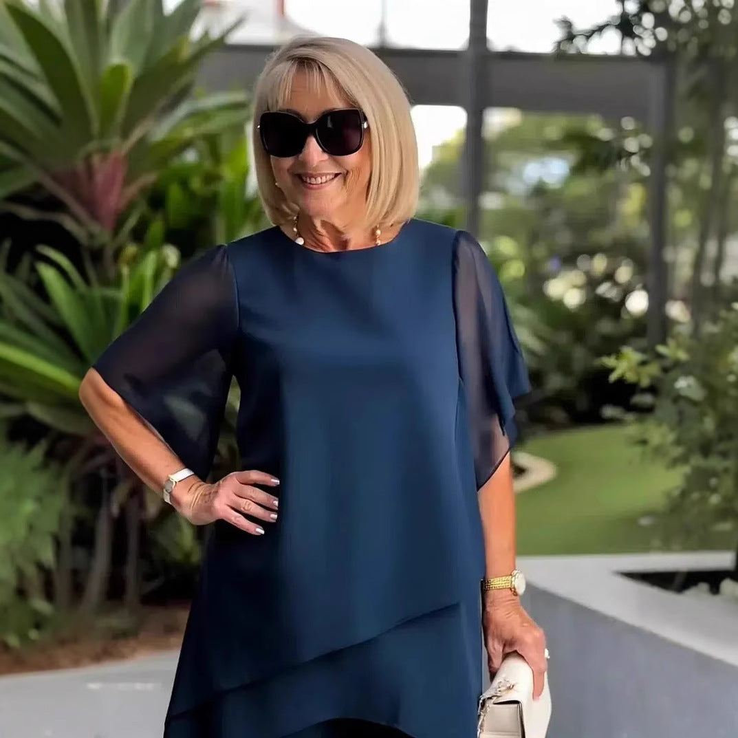 Damen elegantes Ensemble aus fließendem Oberteil und weitem Hose