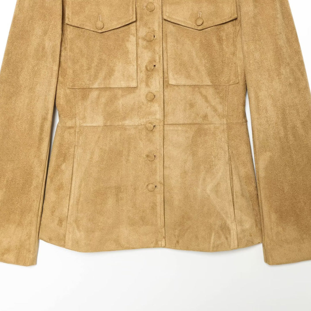 Damen Taillierte Wildlederoptik-Jacke im Military‑Stil mit Stehkragen und Schulterklappen Nord Taschen