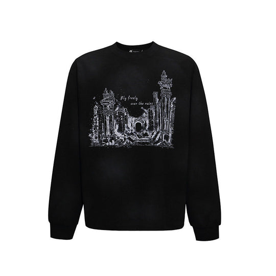 Damen Oversize-Sweatshirt mit Waffelstruktur, Rundhalsausschnitt und Ruinen-Skizzenprint Nord Taschen