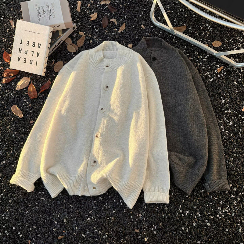 Unisex Oversized Wollmix-Cardigan mit Rundhalsausschnitt, Knopfleiste und geripptem Saum Nord Taschen