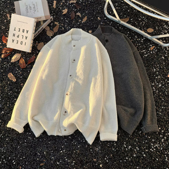 Unisex Oversized Wollmix-Cardigan mit Rundhalsausschnitt, Knopfleiste und geripptem Saum Nord Taschen