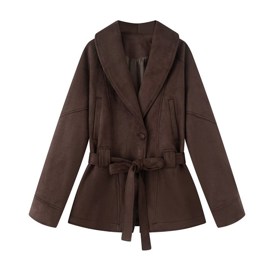 Damen Kurzmantel im Kimono-Style aus Veloursoptik mit weitem Schalkragen und Taillengürtel Nord Taschen