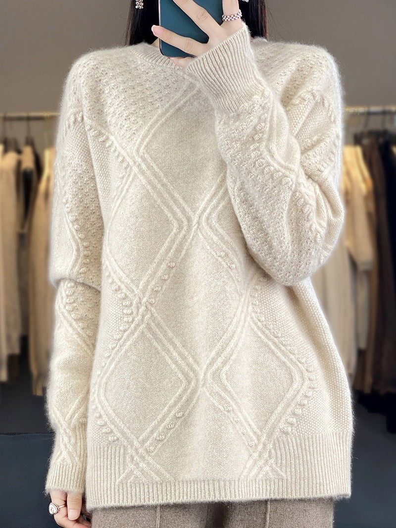 Damen Kuscheliger Mohair‑Look Oversize‑Pullover mit Rautenstruktur und Noppen‑Details Nord Taschen